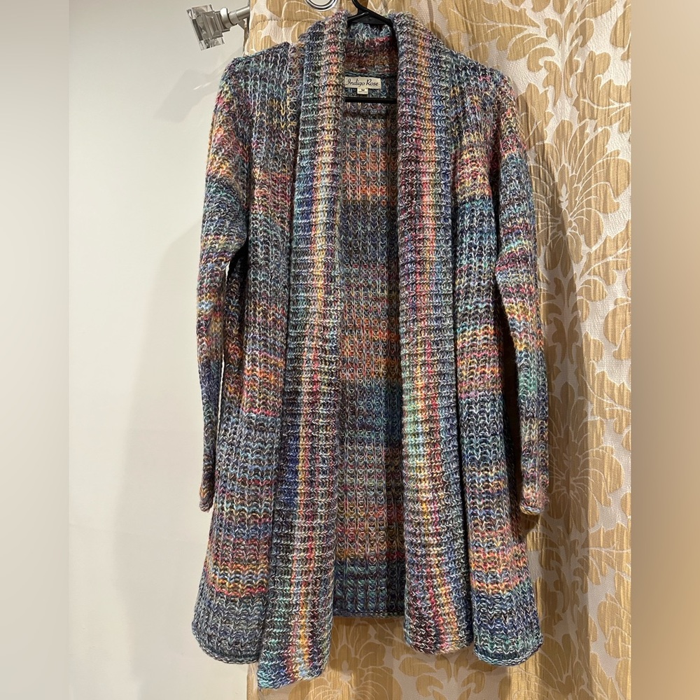 long rainbow knit open front sweater duster.